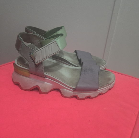Gray and Green Platform Sandals with Velcro Straps SOREL